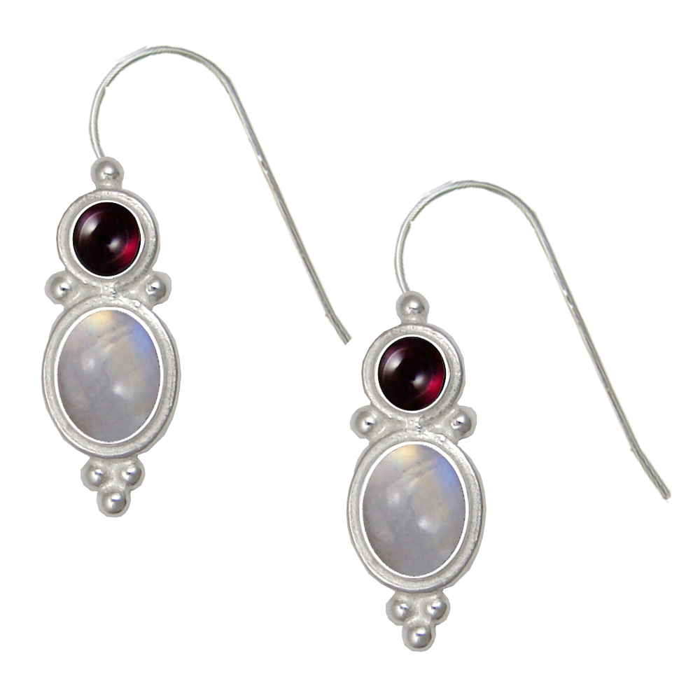 Sterling Silver Drop Dangle Earrings Rainbow Moonstone And Garnet